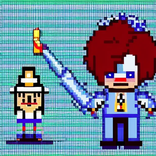 Prompt: Mark Twain Pixel Art JRPG Official Character Portrait, wearing Knight Armor and wearing a cybernetic monocle