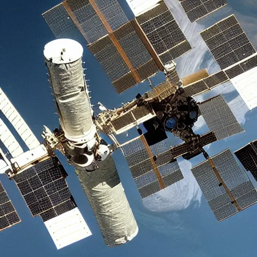 Image similar to A beautiful land art of a spacecraft or space station in Earth's orbit. The space station has a large, central cylindrical section with several smaller attached modules. There are numerous antennae, dishes, and other communications equipment on the station, as well as a few large windows. There appear to be several people inside the station, working at various consoles and terminals. pearlescent by Ernst Ludwig Kirchner soft