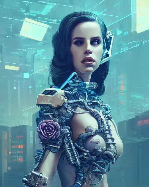 Image similar to portrait of lana del rey as a cyberpunk cyborg. roses, sci - fi, intricate abstract, upper body, intricate artwork, by tooth wu, wlop, beeple, dan mumford. concept art, 8 k octane render, deviantart, greg rutkowski, cinematic, key art, hyperrealism, iridescent accents