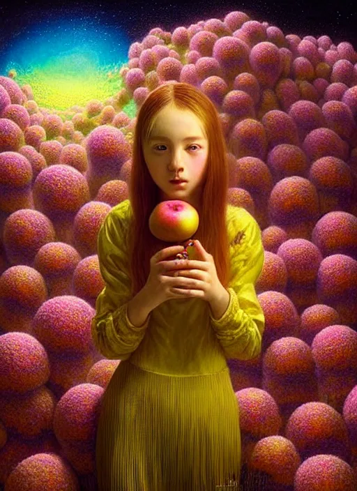 Prompt: hyper detailed 3d render like a Oil painting - kawaii portrait Aurora (serious honey haired hacker girl Singer) seen Eating of the Strangling network of yellowcake aerochrome and milky Fruit and Her delicate Hands hold of gossamer polyp blossoms bring iridescent fungal flowers whose spores black the foolish stars by Jacek Yerka, Mariusz Lewandowski, Houdini algorithmic generative render, Abstract brush strokes, Masterpiece, Edward Hopper and James Gilleard, Zdzislaw Beksinski, Mark Ryden, Wolfgang Lettl, hints of Yayoi Kasuma, octane render, 8k