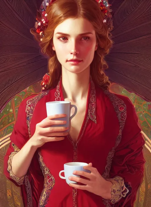 Image similar to perfectly - centered - portrait of a beautiful lady drinking red cup coffee, intricate, highly detailed, digital painting, artstation, concept art, smooth, sharp focus, illustration, unreal engine 5, 8 k, art by artgerm and greg rutkowski and alphonse mucha