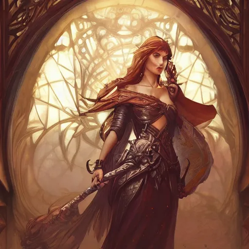 Image similar to D&D, fantasy, intricate, elegant, highly detailed, digital painting, artstation, concept art, matte, sharp focus, illustration, hearthstone, art by Artgerm and Greg Rutkowski and Alphonse Mucha