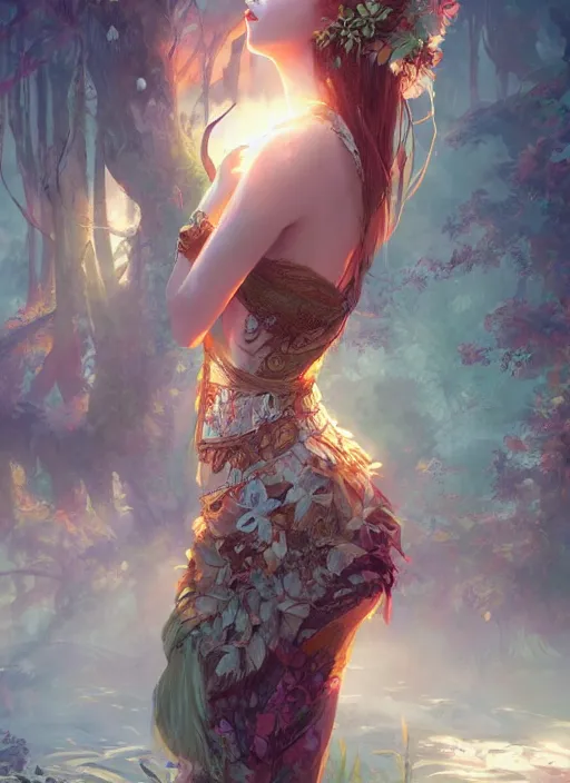 Prompt: female seductive queen of nature girl, beautiful face, rule of thirds, intricate outfit, backlit, foreground art by artgerm, background art by greg rutkowsk and jeremy mann, digital painting