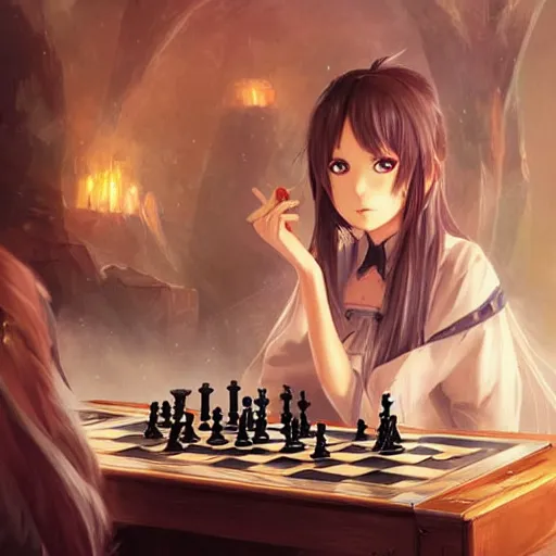 Prompt: yuuki asuna playing chess, extremely long hair, epic fantasy art by Greg Rutkowski