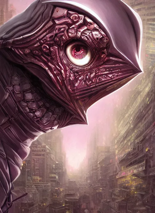 Image similar to cyber penguin downtown cn tower mf doom reptile eyes, pink skin. intricate, elegant, highly detailed, centered, digital painting, artstation, concept art, smooth, sharp focus, illustration, artgerm, tomasz alen kopera, peter mohrbacher, donato giancola, joseph christian leyendecker, wlop, frank frazetta