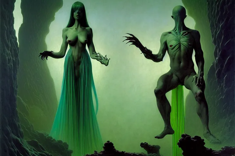 Image similar to the female arcanist and the male artificer by zacharias aagaard and albert bierstadt and gerald brom and zdzisław beksinski and james gilleard and wayne barlowe and marc simonetti, beautiful, flesh robes, highly detailed, hyperrealistic, intricate, energy, electricity, blue flame, low light, green crystal, high contrast, submission