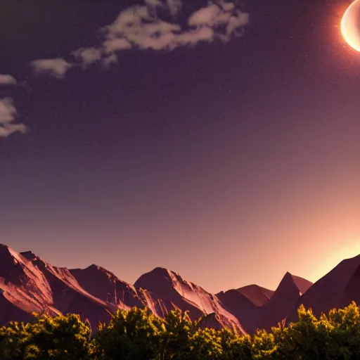 Prompt: small dark black solar eclipse above mountains, highly detailed, photorealistic shot, bright studio setting, studio lighting, crisp quality and light reflections, unreal engine 5 quality render