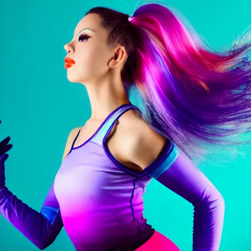 Prompt: a award winning full body shot of a beautiful woman in a croptop and gloves and leggings with a ombre purple pink teal hairstyle with head in motion and hair flying, outrun, vaporware, vivid colors, highly detailed, fine detail, intricate