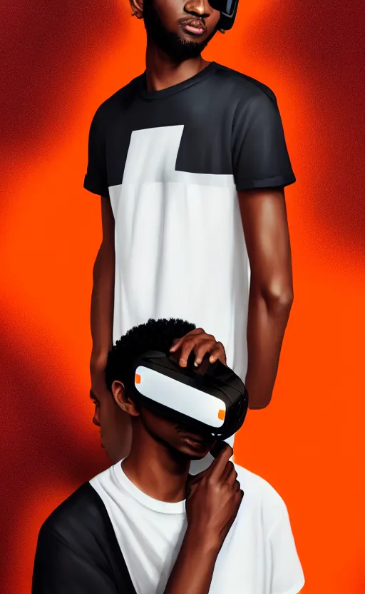 Prompt: handsome black genius hacking the metaverse, vr headset, white t - shirt and jordans floating, three dimensional holographs and translucent orange glow, highly detailed, digital painting, artstation, concept art, smooth, sharp focus, illustration, art by wlop, uang guangjian and gil elvgren and sachin teng and greg rutkowski