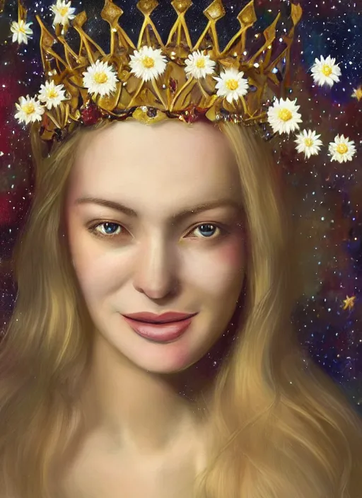 Image similar to portrait, close-up of a smiling beautiful female, blonde,, wearing a crown of daisies, beautiful happy face, ethereal, starry, space, magical atmosphere, maximalist, cinematic lighting, cinematic atmosphere, trending on artstation, cgsociety, 8k, high resolution, in the style of Faiza Maghni, David Ligare, Flora Borsi, Daniel Gerhartz, watercolor, dramatic lighting, cinematic, establishing shot, extremely high detail, foto realistic, cinematic lighting, pen and ink, intricate line drawings, by Yoshitaka Amano, Ruan Jia, Kentaro Miura, Artgerm, post processed, concept art, artstation, matte painting, style by eddie mendoza, raphael lacoste, alex ross