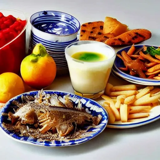 Image similar to a plate of random food on the table, realistic,