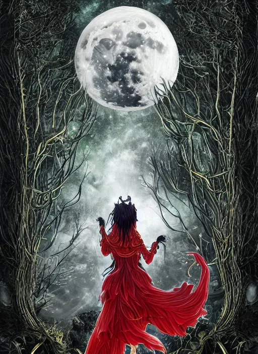Prompt: glowing silver and golden elements, portrait, A beautiful dark witch in front of the full big moon, book cover, green forest, red white black colors, establishing shot, extremly high detail, foto realistic, cinematic lighting, pen and ink, intricate line drawings, by Yoshitaka Amano, Ruan Jia, Kentaro Miura, Artgerm, post processed, concept art, artstation, matte painting, style by eddie, raphael lacoste, alex ross