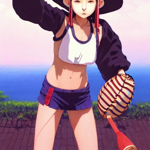 Image similar to beautiful boyish natalie portman gravure model in majora's mask, wearing wooden mask and baseball cap and leotard, street wear with subtle mayan patterns, aztec bathing suit, gapmoe yandere grimdark, trending on pixiv fanbox, painted by greg rutkowski makoto shinkai takashi takeuchi studio ghibli, akihiko yoshida