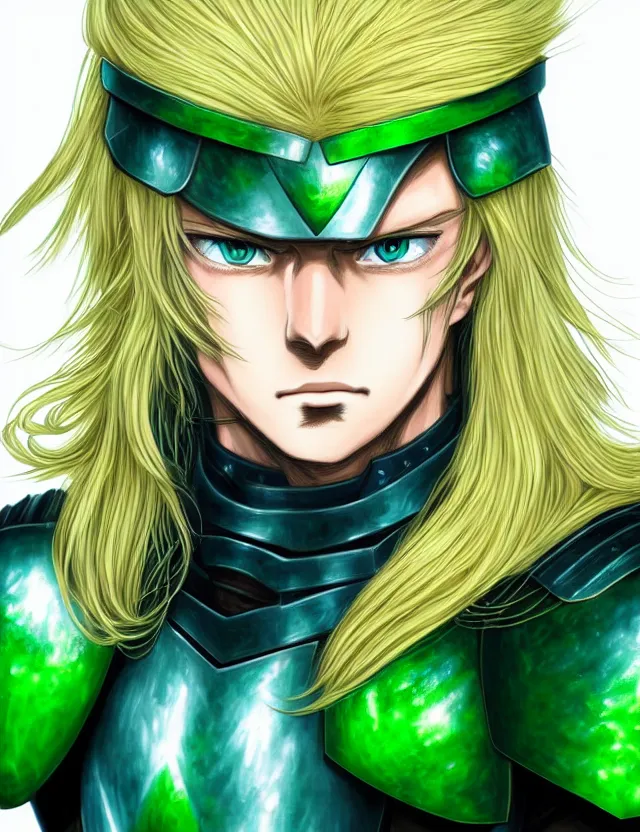 Image similar to a detailed manga portrait of a long haired blonde man with blue eyes in green armour glowing with green energy, trending on artstation, digital art, 4 k resolution, detailed, high quality, sharp focus, hq artwork, coherent, insane detail, character portrait