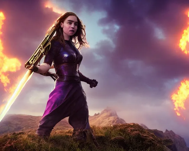 Image similar to Emilia Clarke in heroic pose with weapon, cinematic, 4k, hyper realistic, super detailed, colorful accents, purple hair, golden ratio, symmetrical face, highly detailed professional photo, centered, rim lights, vray caustics, hyper realistic, by artgerm and Craig Mullins, James Jean, Andrey Ryabovichev, Mark Simonetti and Peter Morbacher 16k