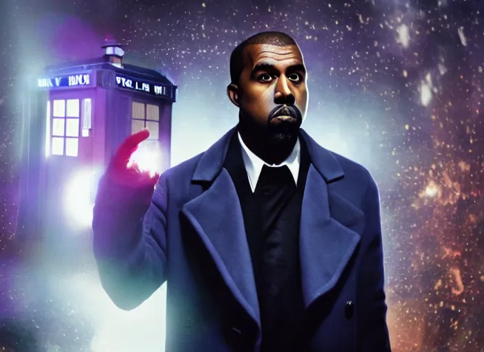 Prompt: kanye west as the doctor! with bowtie! in doctor who, doctor who, tardis!!! tardis!!! movie still, detailed face, cinematic lighting, ray tracing, octane render, long lens, shallow depth of field, bokeh, anamorphic lens flare, 8 k, hyper detailed, 3 5 mm film grain