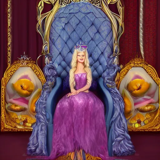 Image similar to a beautiful detailed portrait of a blonde stunningly beautiful fantasy queen in her throne room by lisa frank trending on artstation