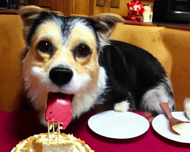 Image similar to 30-year-old dog eating cheesecake for his birthday, old, wrinkly, happy, festive, wholesome