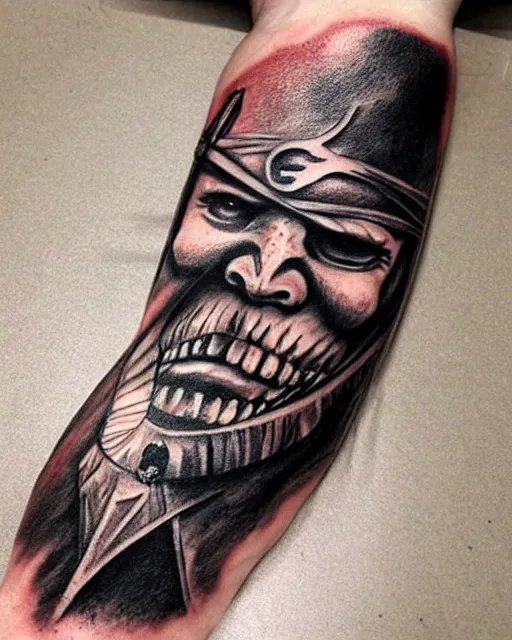 Image similar to pirate ship on a deserted island blended with a warrior warrior face, realism tattoo drawing, hyper realistic, shaded