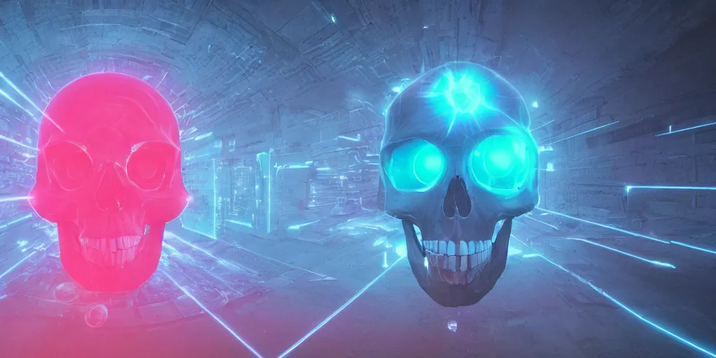 Image similar to a huge skull with laser blast, in the style of Beeple, cinematic, 4K