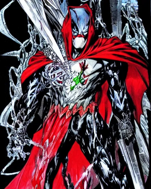 Prompt: Spawn from DC comics by Yoshitaka Amano