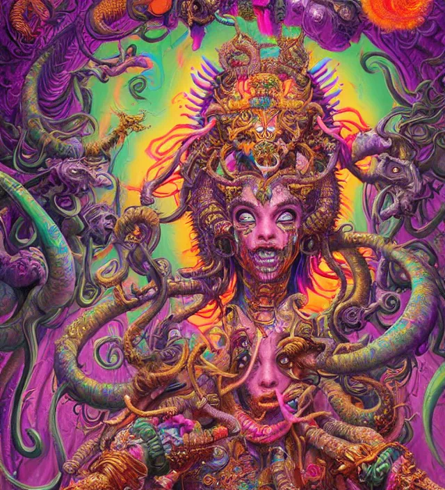 Image similar to lisa frank blotter acid fantasy character portrait of kali ma, ultra realistic, wide angle, intricate details, dharma artifacts, aum, highly detailed by hr giger, peter mohrbacher, wayne barlowe, boris vallejo, hajime sorayama aaron horkey, gaston bussiere, craig mullins