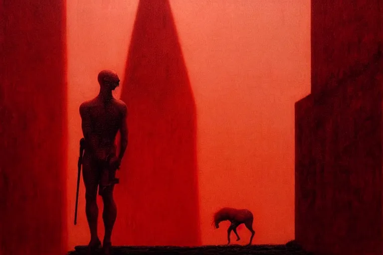 Image similar to only with red, caesar after war, a red tiger, in hoc signo vinces, rome in background, an ancient path, in the style of beksinski, part by hopper, part by rodcenko, part by hofbauer, intricate composition, red by caravaggio, insanely quality, highly detailed, masterpiece, red light, artstation