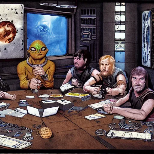 Image similar to scruffy punk starship crew sitting at table and playing dungeons & dragons, extraterrestrials, alien 1 9 7 9, ron cobb, jim henson creature shop, mike mignogna, highly detailed, comic book, science fiction, used future