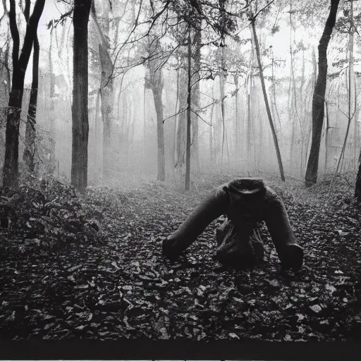 Image similar to creepy forest, creepy creature eating man on the ground, horror photo, photo from cctv footage, black and white