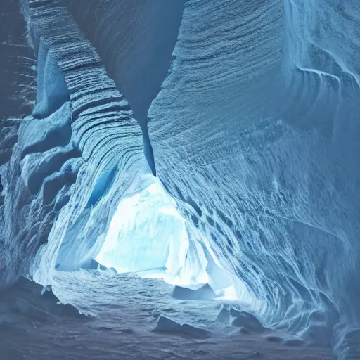 Image similar to deep dark glacier cave, faint blue glow,