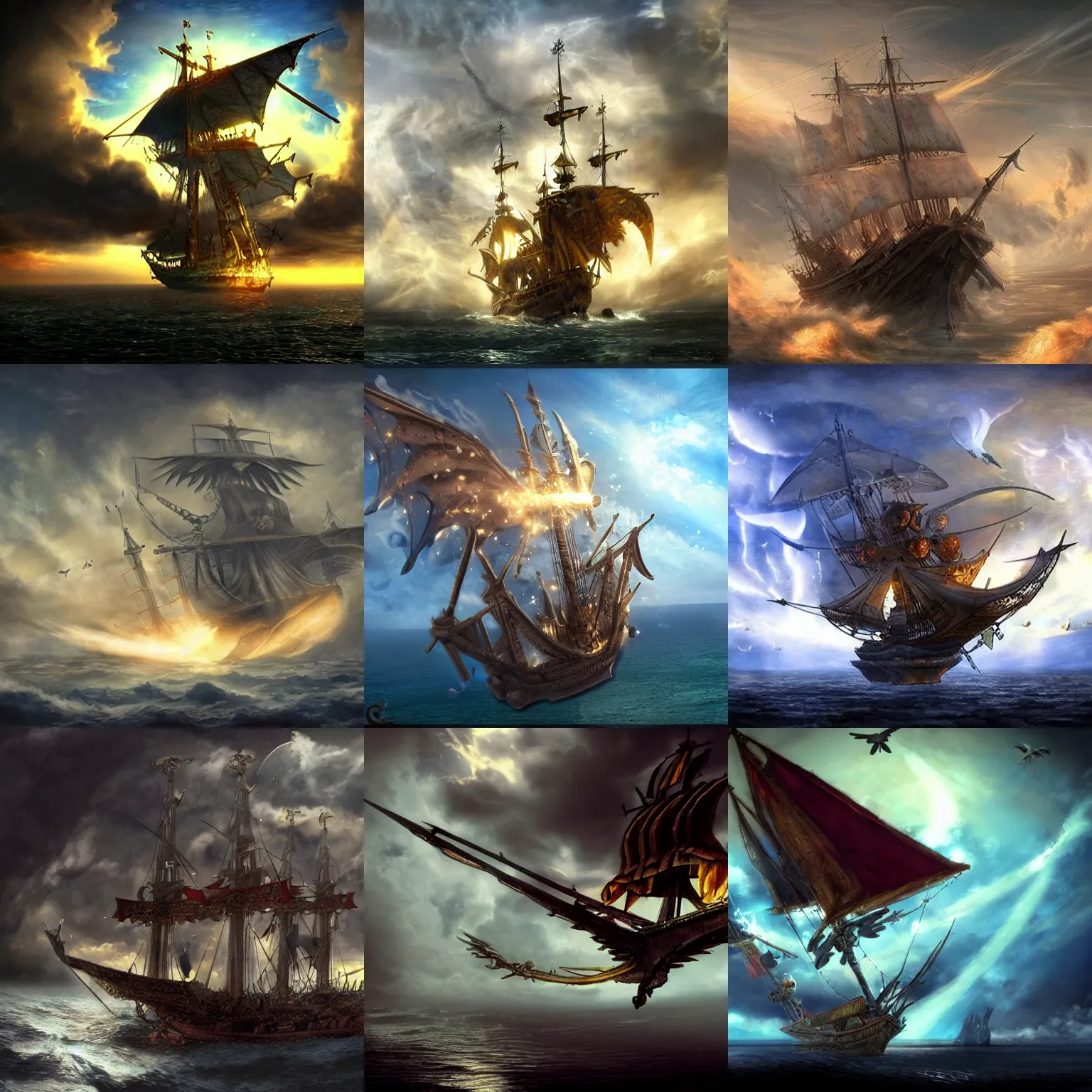 Prompt: a magic galleon with wings flying in the sky, cataclysm, apocalipsis, epic, fantasy, dramatic lighting