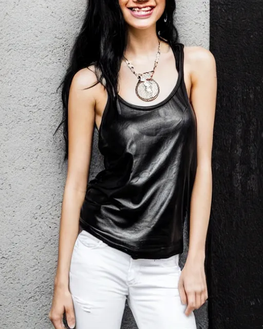 Image similar to a half body photo of a beautiful Young female with long disheveled black hair, beautiful and smiling, sweet looks, white skin and reflective eyes, black tank top, black leather shiny jeans, an ankh necklace white colors in the background, 500px photos, top cinematic lighting , cinematic mood, very detailed, shot in canon 50mm f/1.2