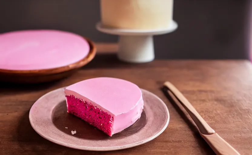 Image similar to A photo of a swedish cake from the side on a wooden table, covered with pink marzipan, some powder sugar and a marzipan leaf. Sunset. 4K. Cinematic lighting. High detail. Realistic. Delicious.