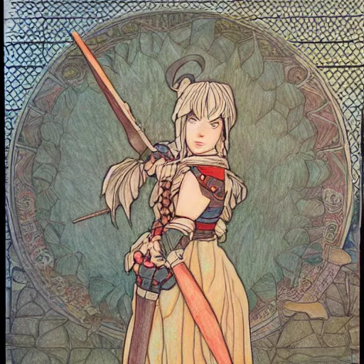 Prompt: medieval warrior girl, highly detailed, colored pencil, studio ghibli, mucha