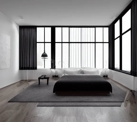 Prompt: brutalist black mansion luxury bedroom tall windows interior design minimalist organic, organic architecture furniture open space high quality octane render blender 8 k