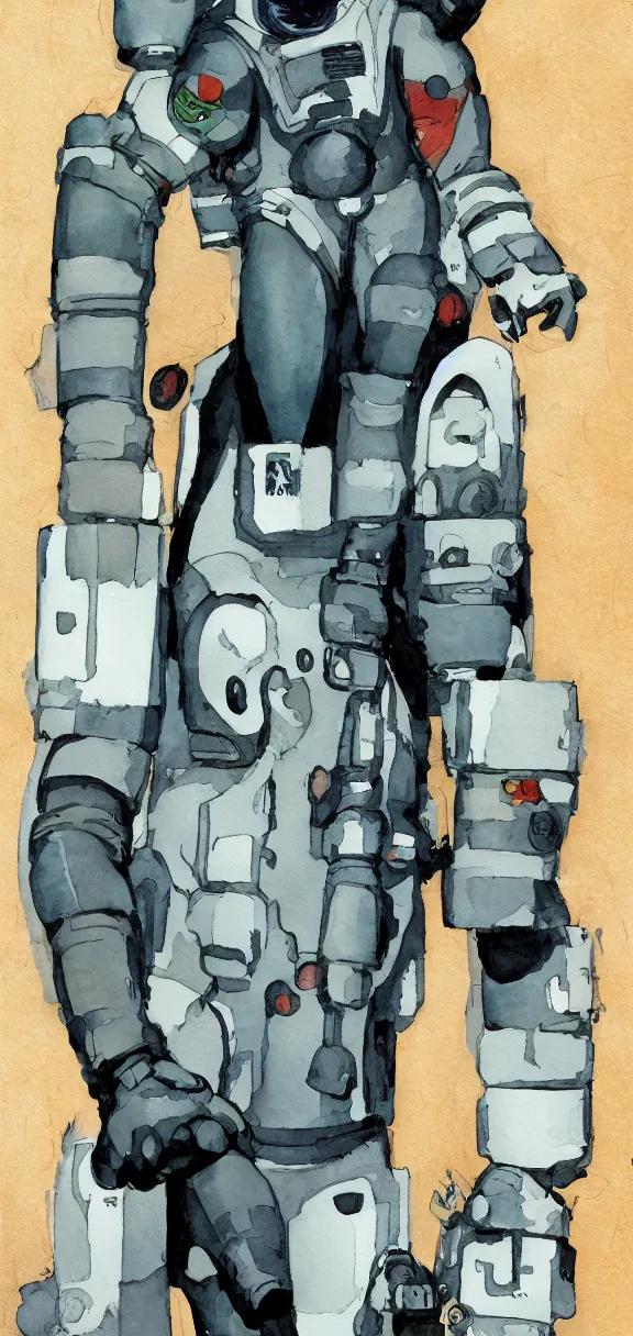 Image similar to male, full body, modern space suit, very stylized character design, large shoulders, short torso, long thin legs, tiny feet, character sheet, science fiction, hyperdetailed, technical suit, space marine, watercolor digital painting, by mike mignola, by alex maleev, jean giraud, painted by leyendecker