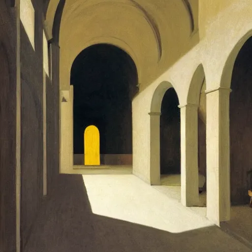 Image similar to in the distance, a little girl with short black hair and wearing a yellow coat alone in the inner courtyard of a cloister in an abbey, the light is bright and wintry, painting by hopper and de chirico