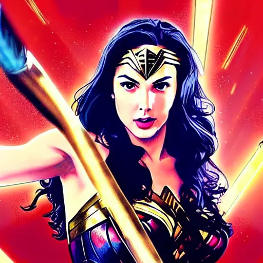 Image similar to Gal Gadot as Wonder Woman, Anime style, dramatic action shot