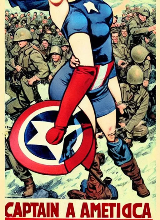 Image similar to beautiful female captain america standing on a pile of defeated german soldiers. feminist captain america wins wwii. american wwii propaganda poster by james gurney. anime.