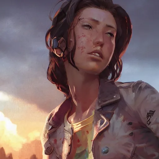 Prompt: fallout 5, charismatic beautiful rugged brunette female protagonist, portrait, outdoors tropical cityscape, atmospheric lighting, painted, intricate, volumetric lighting, beautiful, daytime, sunny weather, few clouds, sharp focus, deep colours, ultra detailed, art by krenz cushart and wenjun lin