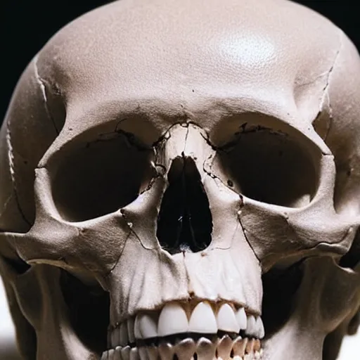 Prompt: a human skull made of and covered in teeth