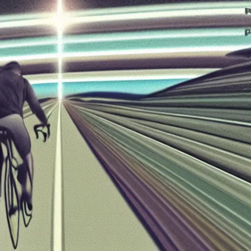 Image similar to a food delivery cyclist cycling around the rings of saturn, james gurney