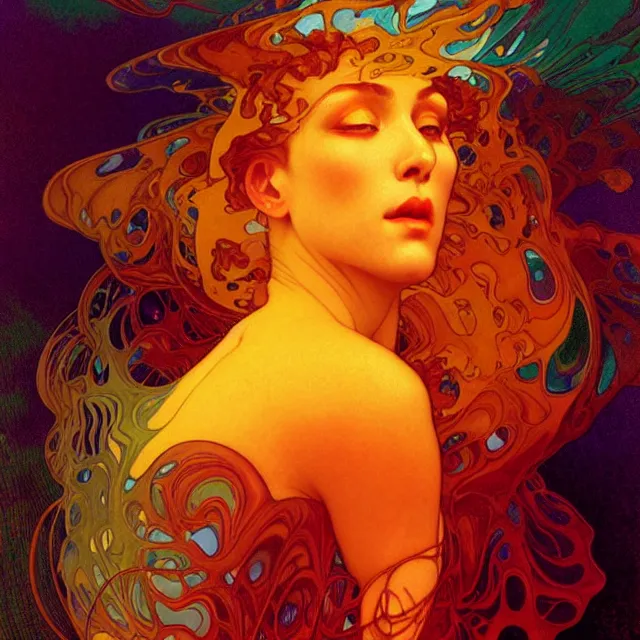 Image similar to transcendent mind bending indigo waves of glossy psychedelic liquid honey flowing like kaleidoscopic translucent amber, lsd waves, honey ripples, enlightenment, dramatic professional lighting, refracted sunset lighting, art by collier, albert aublet, krenz cushart, artem demura, alphonse mucha