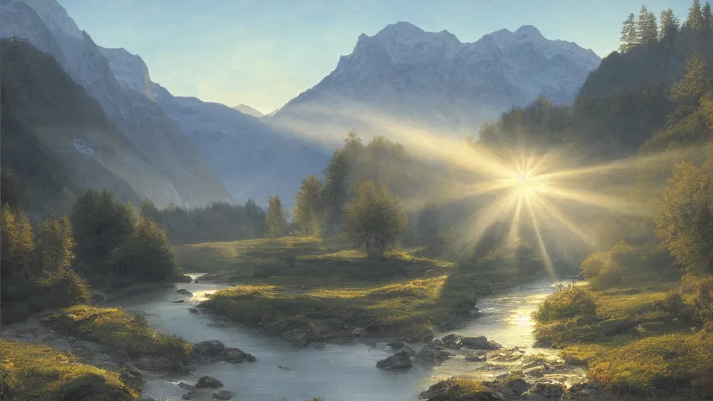 Image similar to High-Quality realist painting of a river crossing a valley in the Alps at dawn, long shadows, beams of sunlight, peaceful, very detailed, digital art.