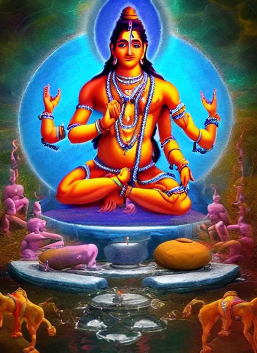 Prompt: digital visionary painting, hindu art, masterpiece, lord shiva creates the world with his primordial om, realistic, highly detailed, post produced, realistic, octane render, glowing colors