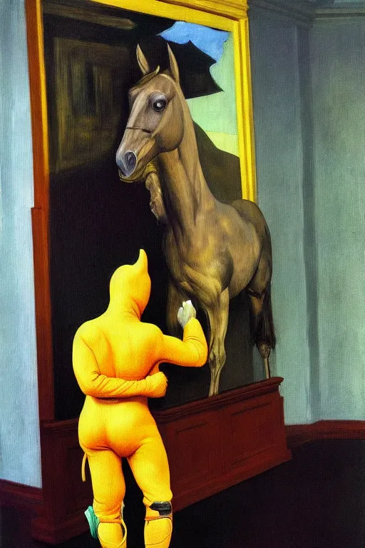 Image similar to man in horse costume, horse in costume astronaut, hauntingly surreal, highly detailed painting by francis bacon, edward hopper, adrian ghenie, gerhard richter, and james jean soft light 4 k,