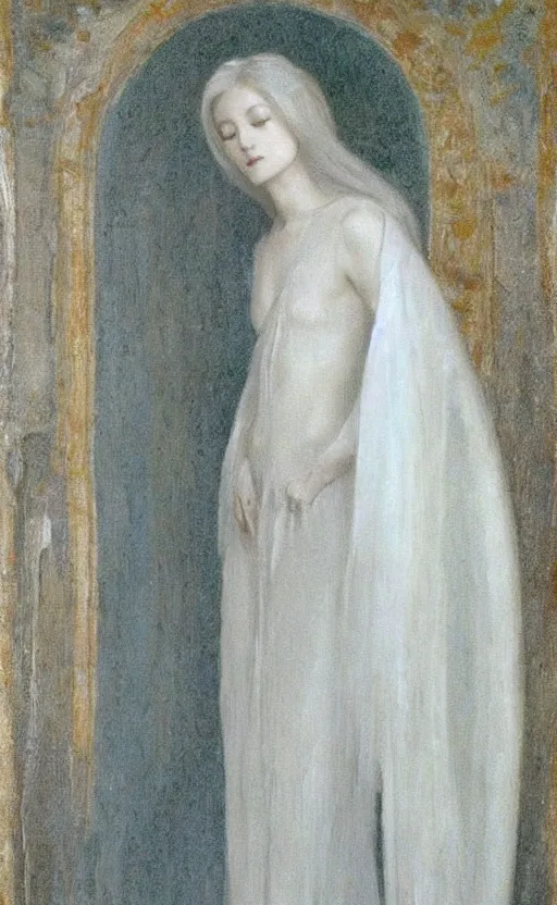 Image similar to say who is this with silver hair so pale and wan! and thin!? female angel, wearing white robes flowing hair, fair body, white dress!! silver hair, covered!!, clothed!! lucien levy - dhurmer, fernand keller, oil on canvas, 1 8 9 6, 4 k resolution, aesthetic, mystery