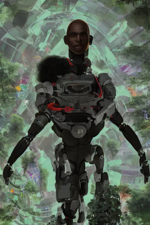Image similar to a black kid playing with a futuristic robot in the nature, mixing solarpunk, afropunk, cyberpunk, ( ( ( ( volumetric light ) ) ) ), high angle, part by pearl fryar, part by prince damah, sunny day, trending on artstation, cinematic view, illustration, painting.