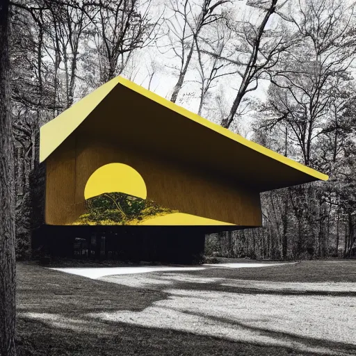 Prompt: architecture ad for a mid-century modern house in the middle of the wood designed by Salvador Dali. grain, cinematic, colorized, yellow hue.