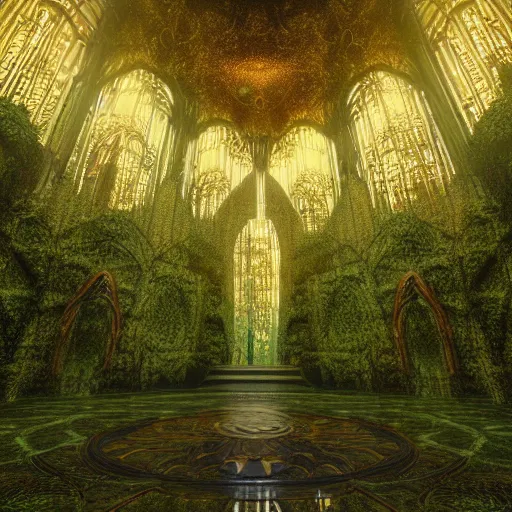 Prompt: a golden cathedral in the middle of a rain forrest, moss, moist, symmetry, octane, soft render, intricate, blender art, the golden ratio, mysticism, cinematic, concept art